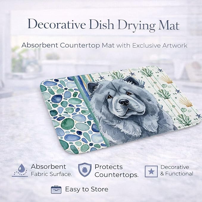 Caroline's Treasures Blue Chow Chow Coastal Sea Glass Dish Drying Mat Absorbent Dish Drying Mat Pad for Kitchen Counter Dish Drainer Mat for Countertop 14 x 21 Multicolor