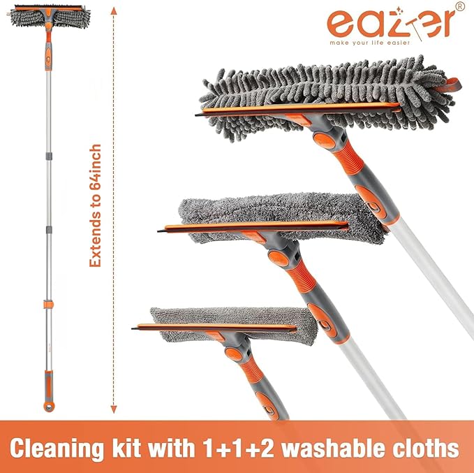 Eazer 2-in-1 Window Cleaner Tool 64'' Window Squeegee for Home Window Cleaning Squeegee Kit with Telescopic Pole Window Washing Kit with Rotatable Bendable Head(Threaded + Telescopic)