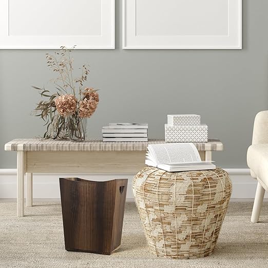 SEHERTIWY Wood Trash Can Farmhouse Wastebasket Bin for Bathroom Office Bedroom Living Room Small Square Rustic Garbage Container (Wood-Brown)