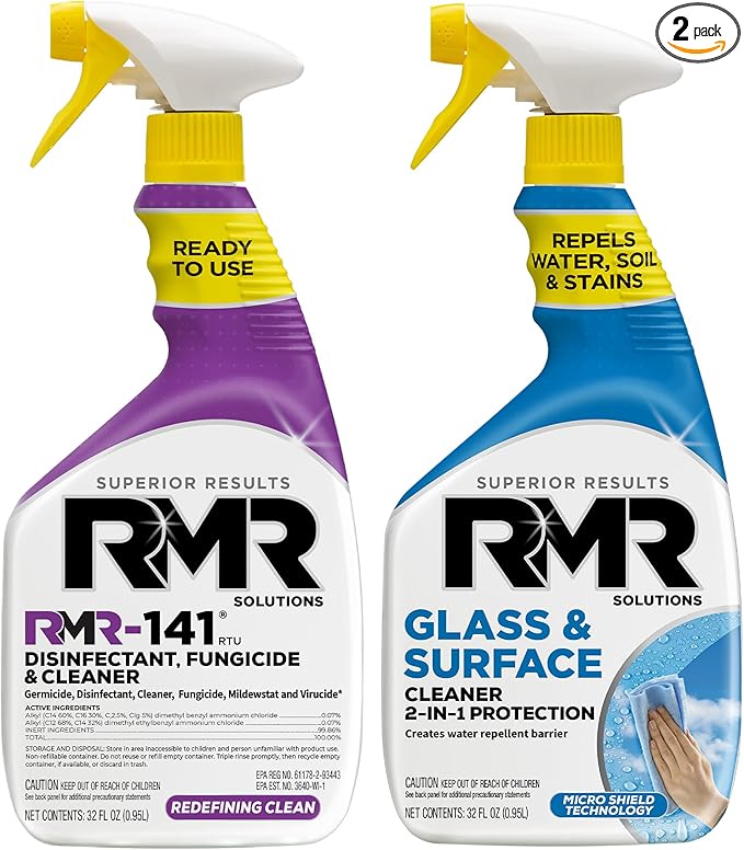 RMR Defend &amp Detail Duo – RMR-141 EPA Registered Mold &amp Mildew Spray + Glass &amp Surface Cleaner/Repellent 2-Step Clean &amp Protect System for Glass Tile Bathrooms Surfaces 2–32 Oz Bo