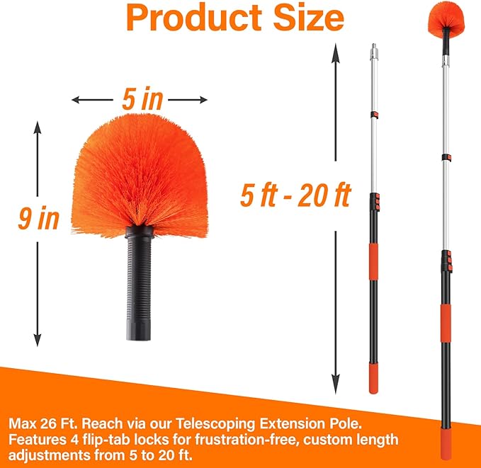 26FT Cobweb Duster with Extension Pole - High Reach Duster for High Ceilings &amp Outdoor Use - Telescoping Pole 5-20 Ft Soft Bristles Cobweb Cleaner - 3/4 Acme Universal Thread