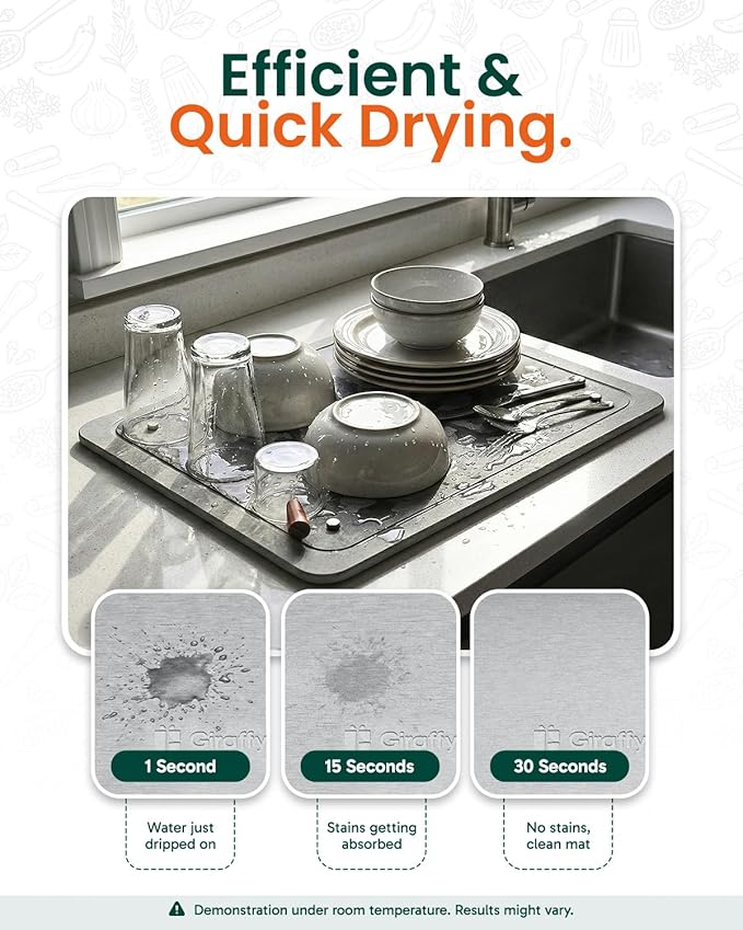 Stone Dish Drying Mat (Grande Solo) Large Quick‐Dry Drying Stone Mats for Kitchen Counter Raised Rod Support for Airflow Sandpaper Included Drying Tray for Dishes Cups &amp Bottles