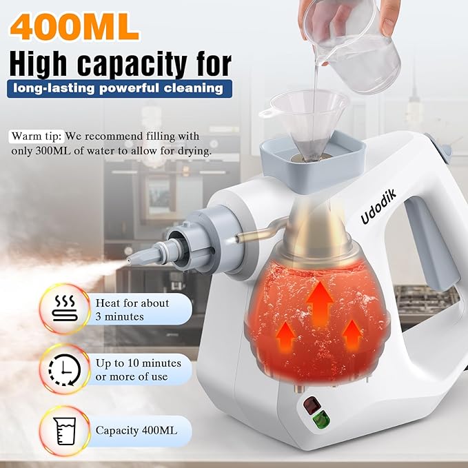 Handheld Steam Cleaner versatile and portable design comes with a safety lock and a 10-piece accessory set to easily remove dirt and grease (white).