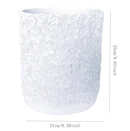 Decorative Trash Can Elegant Resin Carved Waste Basket 8x10 Trash Bin Decor Rose Floral Garbage Can for Office BathroomBedroomLivingroom 8L/2.2Gallon(White)