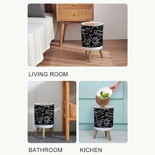 Small Bathroom Bedroom Trash Can with Lid joysticks Gaming Cool Cute Kawaii Garbage Wood Waste Bin Press Cover Round Wastebasket for Kids Boys Kitchen Nursery 7L/1.8 Gallon 8.66x14.3inch