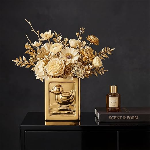 Gold Trash Can - 7L/1.85Gallon Ceramic Waste Basket Decorative Duck Small Garbage Can for Kitchen Bathroom Bedroom Office Multi-Purpose Storage Bin