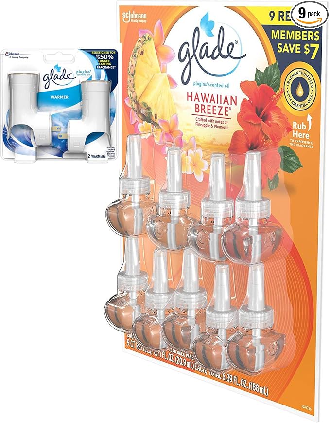 Glade PlugIns Scented Oil Refill Essential Oil Infused Wall Plug in 6.39 fl. oz 9 ct. (Hawaiian Breeze)