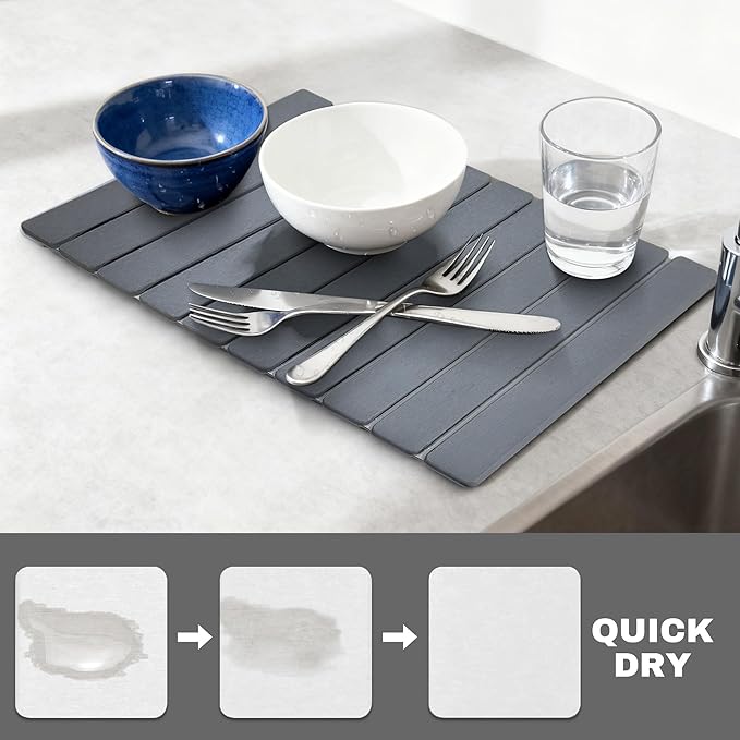Large Stone Dish Drying Mats for Kitchen Counter  Quick Dry Absorbent Collapsible Dish Drying Mat With Rubber Sole 23.4”(L)x15.4”(W) Diatomaceous Earth Mats for Dishes Bottles Cups