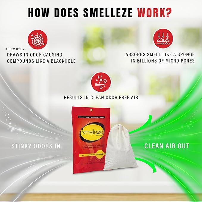 SMELLEZE Reusable Chemical Odor Eliminator Deodorizer Pouch Chemical Smell Remover for Houses Furniture Cars Offices Businesses &amp Products 150 Sq. Ft. Coverage