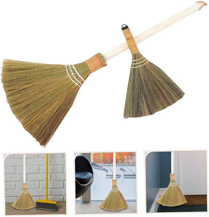 2pcs Miscanthus Hand Brush Broom Soft Bristle Cleaning Tool for Home Asian Broomstick Detachable Head Handheld for Dust Removal
