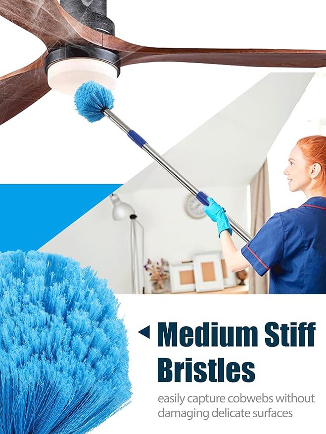 Cobweb Duster with Extension Pole 8 ft Spider Web Brush for Outdoor House Cleaning Cob Web Remover for High Ceilings Fans Medium-Stiff Bristles Round Head Steel Long Handle Lightweight Cleaner