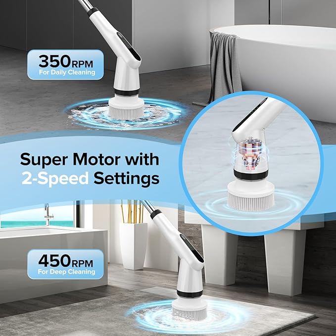 Electric Spin Scrubber Dreazu IPX7 Shower Scrubber with 7 Replaceable Brush Heads &amp Retractable Handle 2-Speed Adjustable Shower Cleaner for BathroomToilet Bathtub Kitchen Tile Floors