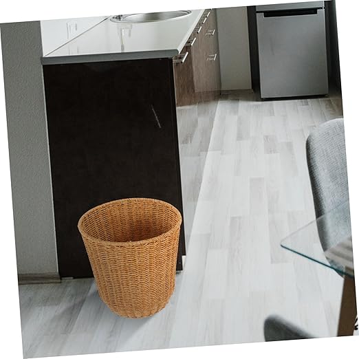 Imitation Rattan Woven Trash Can Medium Size Household Wastebasket Stylish Storage Basket for Home Office and Bathroom