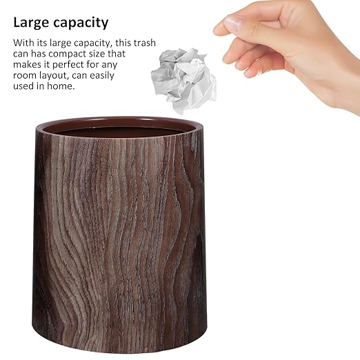 Round Trash Can Imitation Wood Grain 8L Bathroom Wastebasket Multi-Use Trash Bin for Home Kitchen Living Room Office