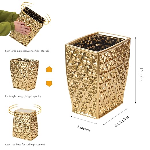 Ceramic Gold Square Garbage Can Kitchen Trash Cans - Wastebasket Garbage Container Bin for Bathroom Bedroom Kitchen Home Office and Kids Room Holds Waste