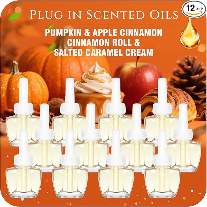 Plug In Refills Air Freshener Pumpkin Apple Cinnamon Cinnamon Roll Salted Caramel Cream for Home and Bathroom 7.92 Fl Oz 12 Count Compatible with Air Wick &amp Glade Not Include Glade Plus