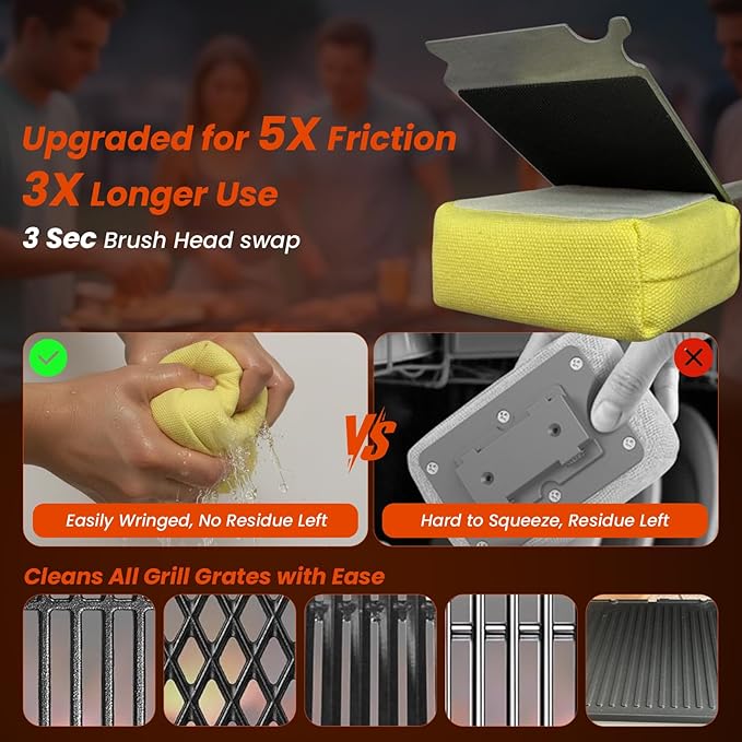 Grill Brush Bristle Free w/Replaceable Yellow Head Enamel Safe 17 Long Handle Grill Cleaner for Outdoor BBQ &amp Griddle MAX Stainless Steel Scraper Corner Reach for Cast Iron Steel
