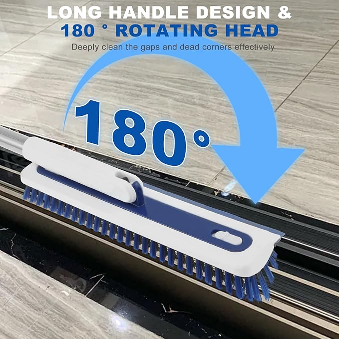 Floor Scrub Brush with Long Handle Floor Grout Scrub Brush 2 in 1 Heavy Duty Stiff Bristle Scrubber with Squeegee for Scrubbing Deck Tile Garage Floor Patio Concrete Shower Bathroom