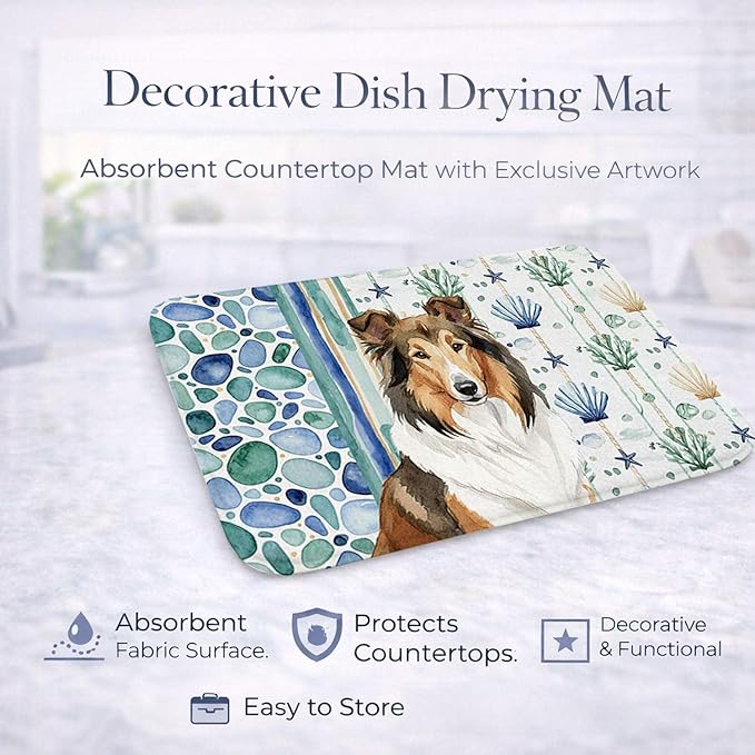 Caroline's Treasures Sable Collie Coastal Sea Glass Dish Drying Mat Absorbent Dish Drying Mat Pad for Kitchen Counter Dish Drainer Mat for Countertop 14 x 21 Multicolor