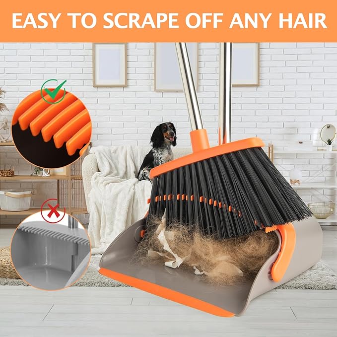 2-Pack Broom and Dustpan Set with Long Handle Heavy Dust Broom and Dustpan Combo for HomeKitchen Office Pet Hair(Gray Orange)