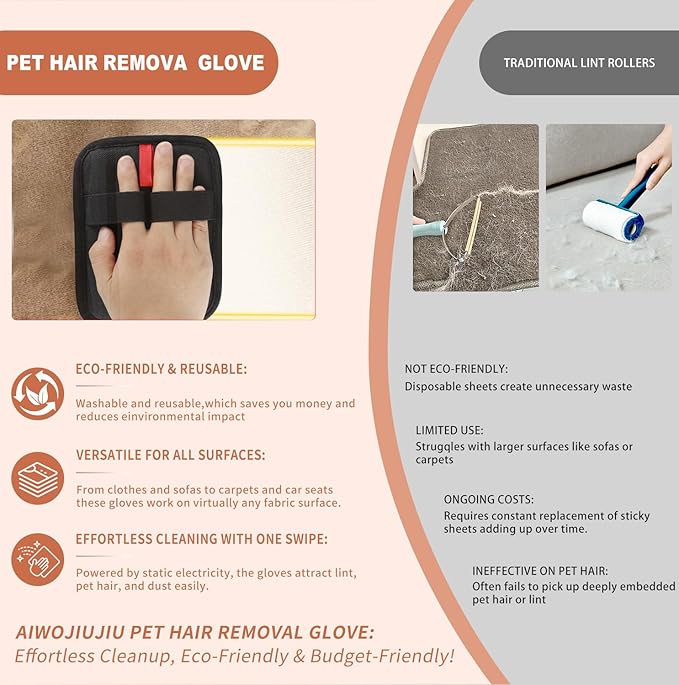 2 Pcs Pet Hair Removal Glove - Upgraded Electrostatic Pet Hair Remover Gloves for Cats &amp Dogs Reusable &amp Washable Magic Brush Pet Hair Removal Tool (Black L)