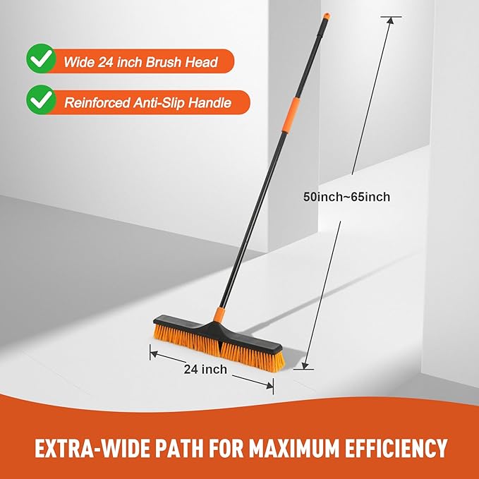 24”Push Broom Brush for Floor Cleaning with 65” Long Handle and Stiff Bristles Heavy Duty Brush for Shop Deck Garage ConcreteIndoor and Outdoor BroomOrange