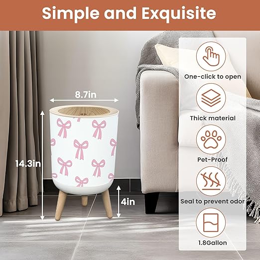 Bathroom Trash Can with Lid Seamless Hand Drawn Ribbon Bow Decorating Bow Pink Garbage Bin Waste Basket for Kitchen Office Bedroom Decoration Diaper Pail 1.8 Gallon