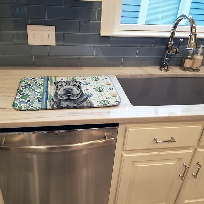Caroline's Treasures Black Shar Pei Coastal Sea Glass Dish Drying Mat Absorbent Dish Drying Mat Pad for Kitchen Counter Dish Drainer Mat for Countertop 14 x 21 Multicolor