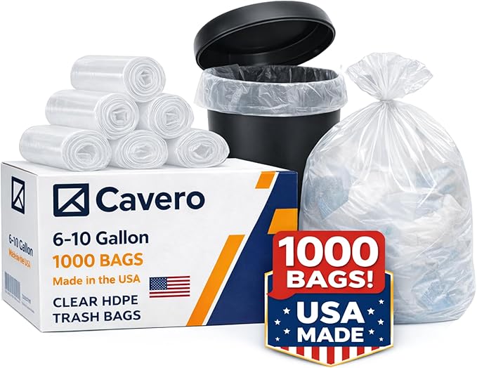 Cavero 6–10 Gallon Clear 1000 Count Trash Bags | American-Made Small Can Liners Star-Sealed Bottom Leak-Free Design Lightweight Tear-Resistant Bags 24 x 24 Bulk Value for Home Office Commercial