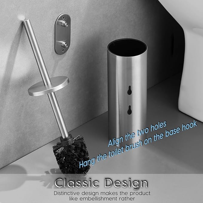 Brushed Stainless Steel Toilet Brush and Cover No-Punch Hook Base Dual Purpose Toilet Brush Holder with Removable Inner Bucket and Splash Cover - Soft Bristles (Brushed)