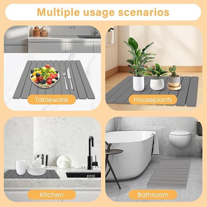 Large Stone Dish Drying Mat for Kitchen Counter 24×16 Collapsible Quick Dry Stone Mat Kitchen Non-Slip Ultra Absorbent Diatomaceous Earth Mats For Any Kitchen CounterBowl Plate Cup Dishes