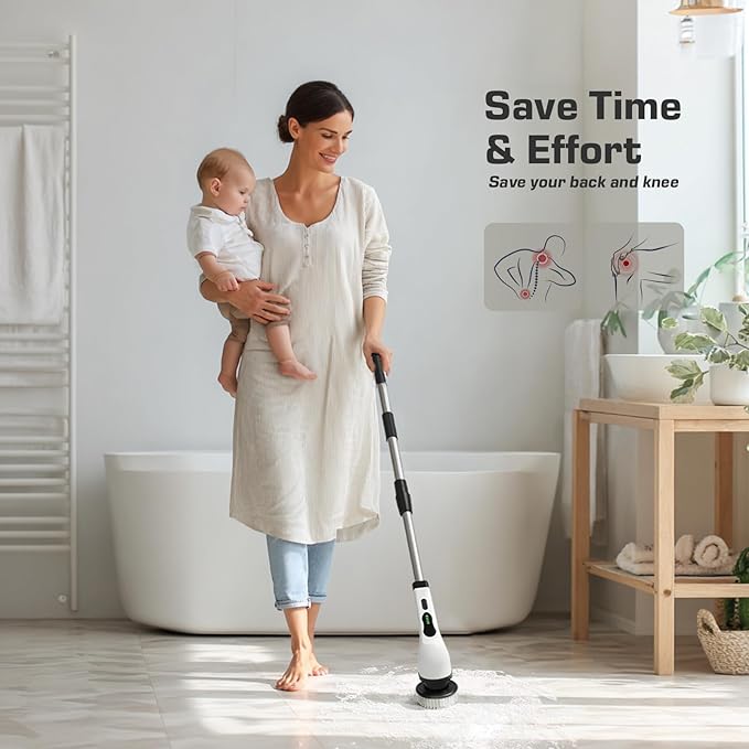 Kingwell Electric Spin Scrubber Cordless Electric Scrubber for Cleaning with 9 Brush Heads 2 Speeds3 Adjustable Handle 90Mins Work Time Shower Scrubber for Bathroom Tub FloorWhite