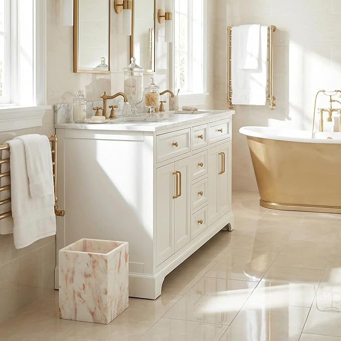 Small Marble Rectangular Trash Can 1.9 Gallon/7.2 Liter Garbage Bin Decorative White Gold Marble Wastebasket Mini Tiny Waste Basket for Bathroom Bedroom Home Office Laundry Room Kitchen