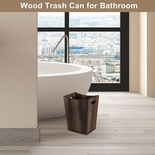 SEHERTIWY Wood Trash Can Farmhouse Wastebasket Bin for Bathroom Office Bedroom Living Room Small Square Rustic Garbage Container (Wood-Brown)