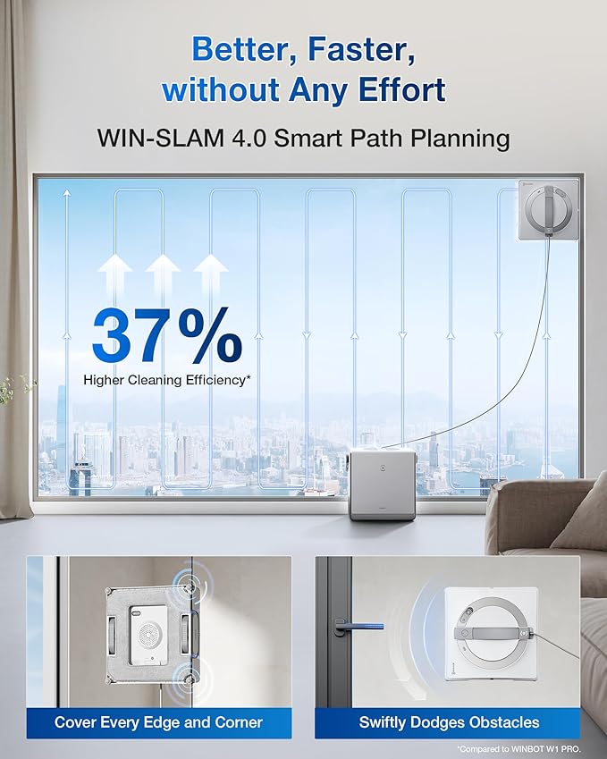 ECOVACS WINBOT W2 PRO Omni Portable Window Cleaning Robot with Multi-Functional Station Charging While Working Intelligent Cleaning with Triple Nozzle Water Sprayer 12-Level Protection