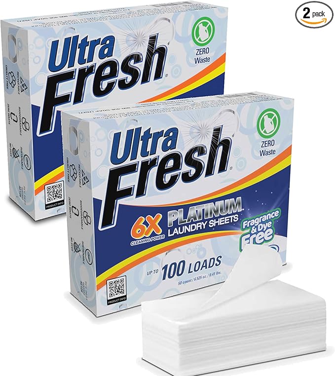 Ultra Fresh Platinum 2 Pack Laundry Soap Detergent Sheets Ultra Concentrated Stain Fighting Fragrance &amp Dye Free 200 Loads