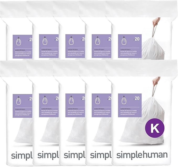 simplehuman Code K 200 Count Dispenser Pack Custom Fit Liners Drawstring Trash Bags 35-45 Liter / 9-12 Gallon White