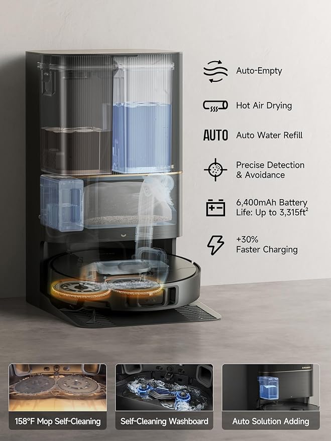 DREAME X40 Ultra Robotic Vacuum with Removable &amp Liftable Mop 12000Pa Suction Side Brush Extensive Cleaning 158°F Mop &amp Washboard Self Cleaning Auto-Empty Auto Refill liftable Brushes