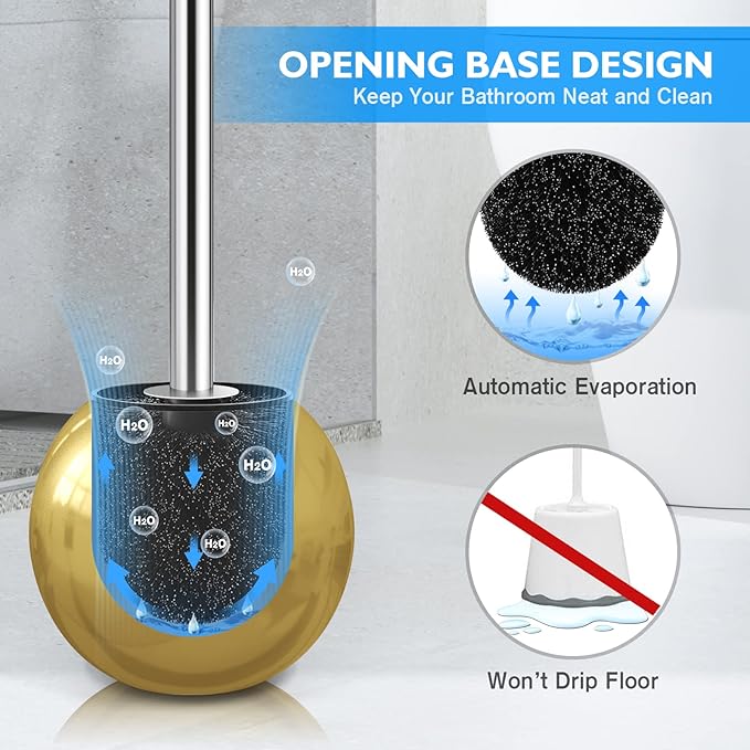 Toilet Brush and Holder 2 Pack 304 Stainless Steel Toilet Brush with Extended and Durable Comfortable Brush Handle Toilet Bowl Brush for Bathroom Toilet - Ergonomic Pratical Durable (Gold)