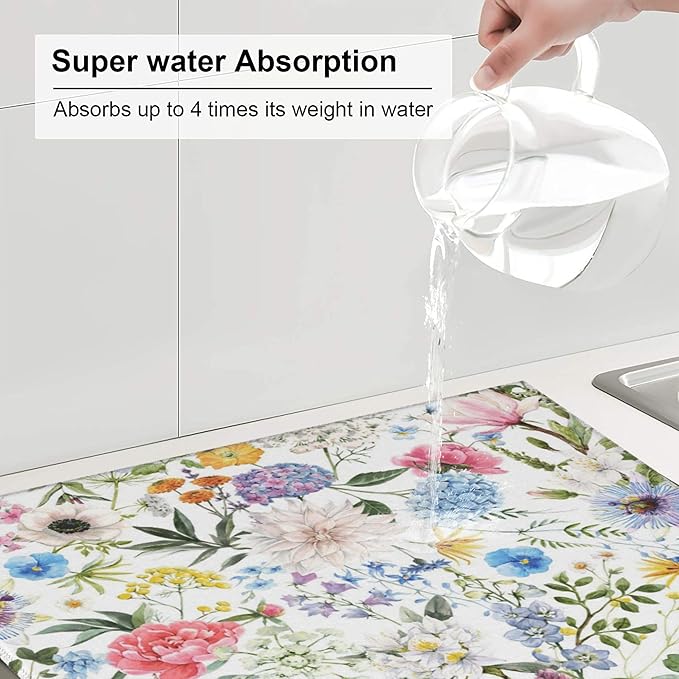 Colorful Flowers Dish Drying Mat for Kitchen Counter 16x18 Microfiber Absorbent Fast Dry Mat 2Pcs Dish Mat Faucet Mats Sets Large Drying Kitchen Mat Kitchen Drying Pad Coffee Bar Decor Gifts