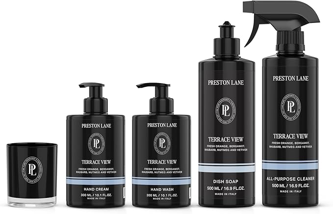 Preston Lane Signature Home Set – All Purpose Cleaner Dish Soap Hand Wash Hand Cream &amp Scented Candle | Plant-Powered Cleaning &amp Care Essentials with Fine Italian Fragrance Terrace View
