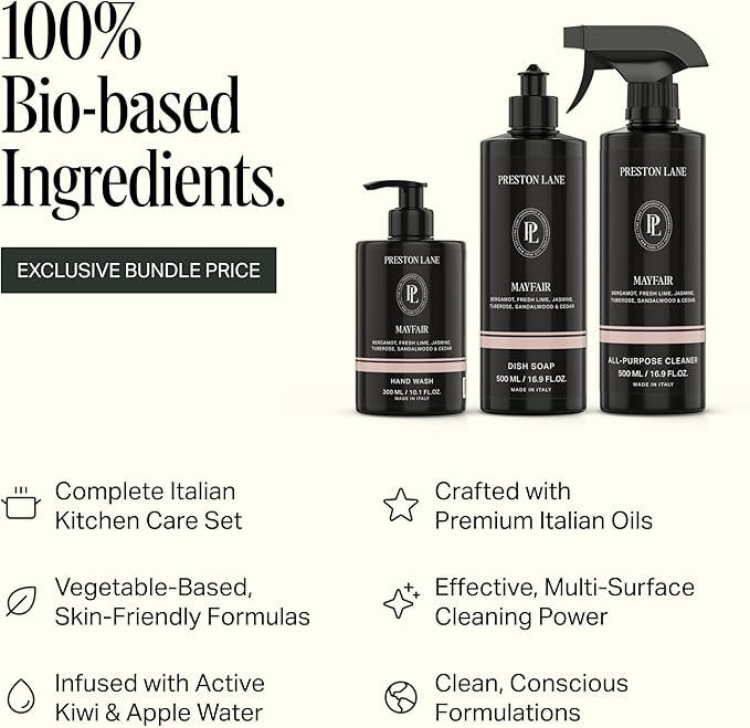 Preston Lane Luxury Kitchen Set – Hand Wash Dish Soap &amp All-Purpose Cleaner | Plant-Powered Cleaning Essentials Bundle with Fine Italian Fragrance Mayfair Scent