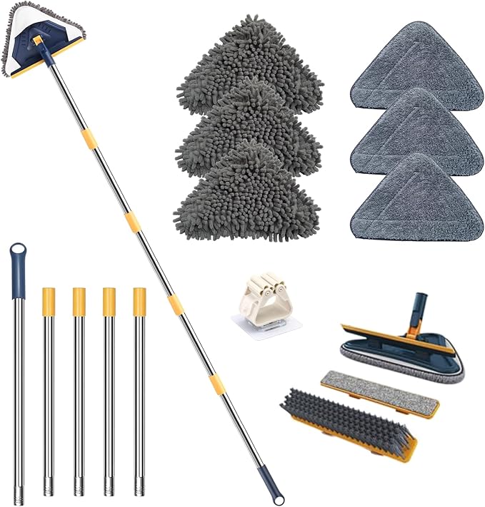Wall Cleaner Mop with Long Handle 5-in-1 Wall Cleaning Dust Mop with 6 Replacement Chenille Microfiber Pads Squeegee Scrubber Duster Cleaning Tools for Wall Window Floor Ceiling
