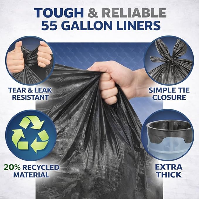 Member’s Heavy Duty 55 Gallon Drum Liners 80 Count Industrial Trash Bags Tear &amp Leak Resistant Extra Thick Embossed Garbage Bags with Simple Tie Closure Large Commercial Drum Bags