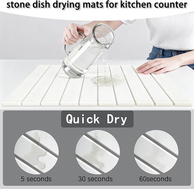 Stone dish drying mats for kitchen counter large 23.6L x 15.4W foldable diatomite dish stone drying mat quick dry extra fast absorbent roll up rack White/Black foldable stone dish drying mat