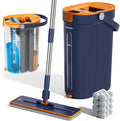 Mop and Bucket Set with Wringer 3-Tank Flat Mop and Bucket System Wall Mop Cleaner with Long Handle Hands Free Mops for Floor Cleaning with 8 Microfiber Pads