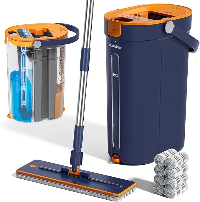 Mop and Bucket Set with Wringer 3-Tank Flat Mop and Bucket System Wall Mop Cleaner with Long Handle Hands Free Mops for Floor Cleaning with 8 Microfiber Pads