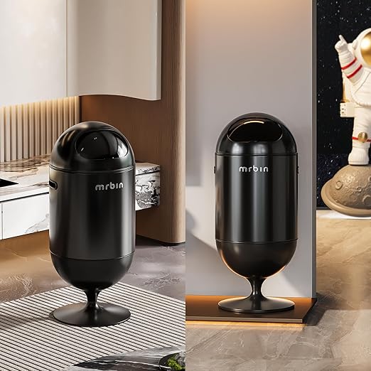 MRBIN Metal Trash Can with Lid 5.3 Gallons / 20L Medium Decorative Waste Basket Round Tall Garbage with High Leg for Bathroom Office Bedroom Kitchen Black