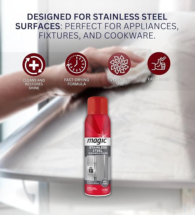 Magic Stainless Steel Cleaner &amp Polish Spray 17 oz Bundle with Microfiber Cloth - Foaming Formula for Easy Cleaning of Appliances Sinks and Chrome Surfaces - Gift Set (3 Items)