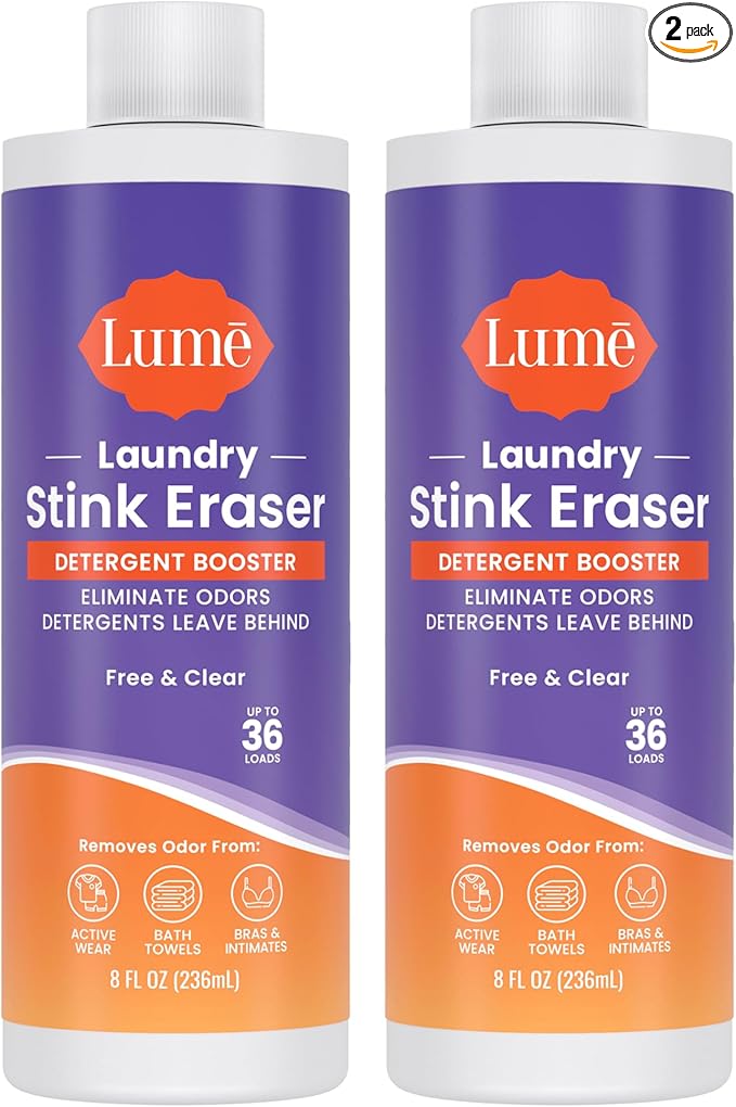 Lume Laundry Stink Eraser - Detergent Booster &amp Sink Soak - Eliminates Body Odor In Clothes - Odor Blasting Enzyme Blend - Makes Your Detergent Work Better - Free And Clear - 8 fluid ounces (2 Pac